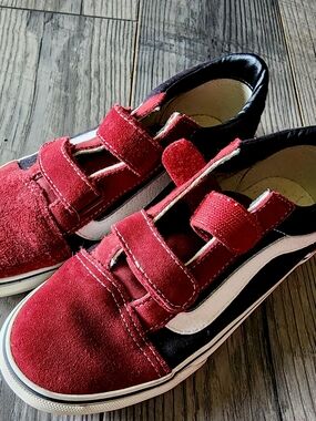 Vans Kids Red and Black Velcro Skate Sneakers with White Stripe